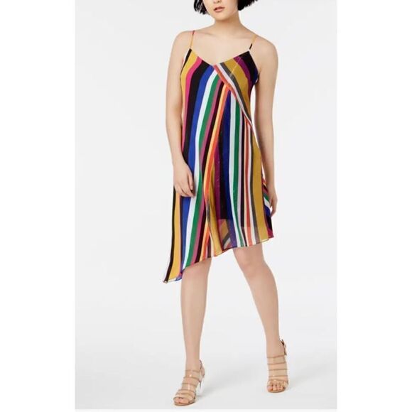 NWT Bar III  Striped Asymmetrical Dress Multi-Color Metallic SZ L - Picture 1 of 10